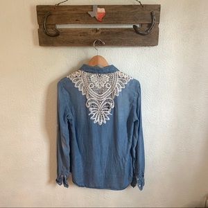 Lace back chambray button-down blouse